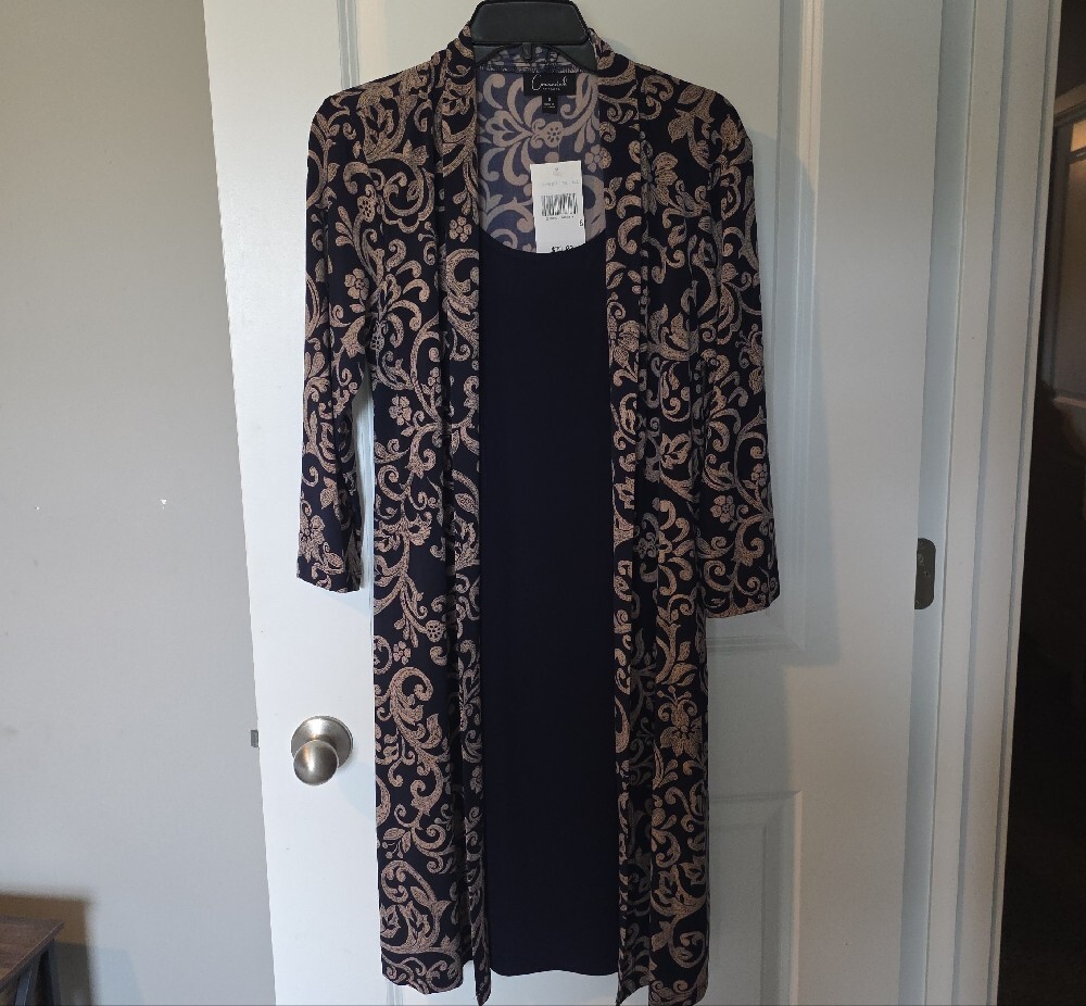 connected apparel Black Dress with Beige Floral-Patterned Duster - Picture 4 of 15